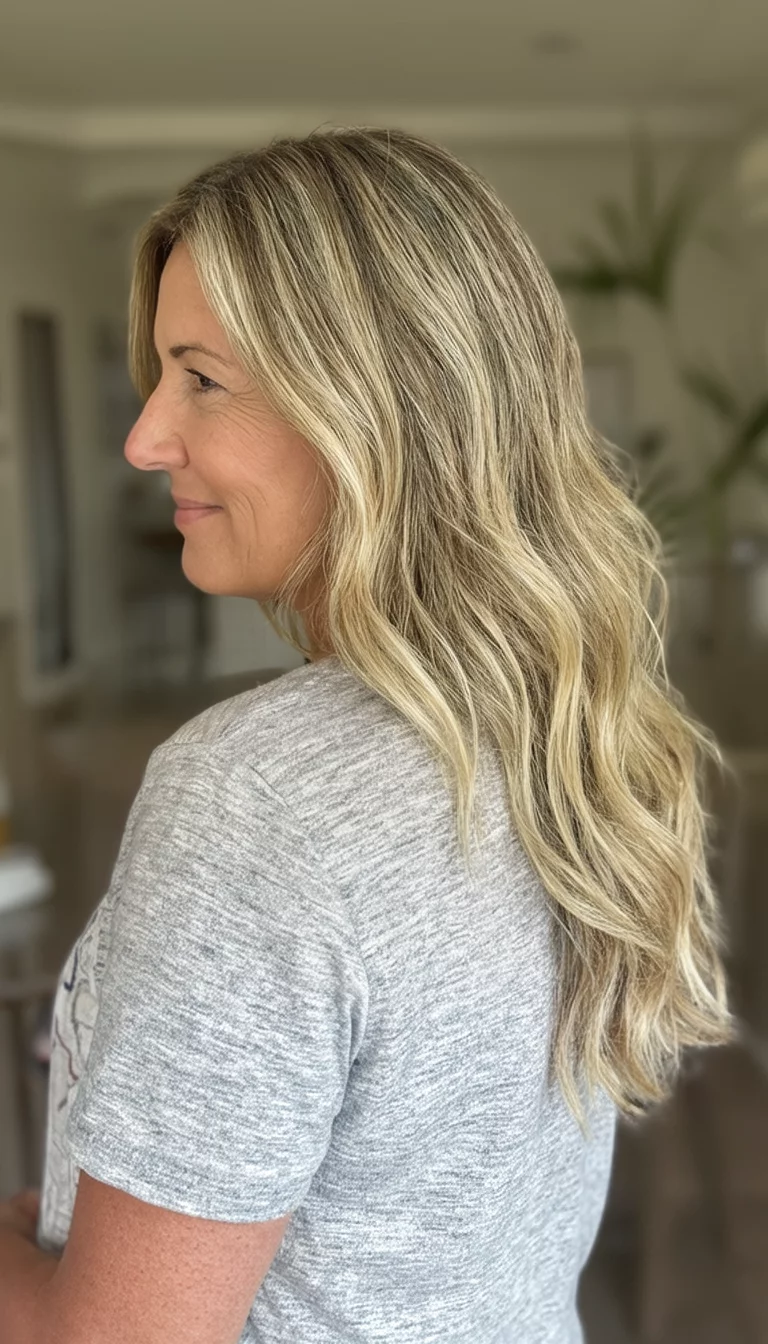 Champagne Balayage Waves casual photo of a 52-year-old woman wearing a casual top with a blonde colored long, wavy, balayage hairstyle, side view, indoor background