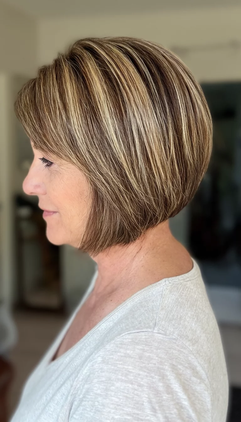 Ombre Coffee Crema casual photo of a 54-year-old woman wearing a light top with a brown and blonde ombre colored sleek, layered bob hairstyle, side view, indoor background