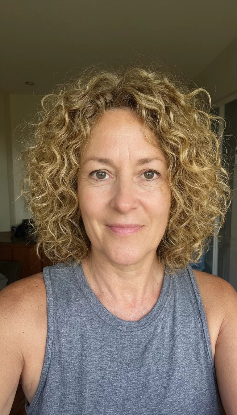 Golden Sunstone Curls selfie of a 54-year-old woman wearing a gray sleeveless top with a blonde-brown colored voluminous, curly hairstyle, front view, indoor background