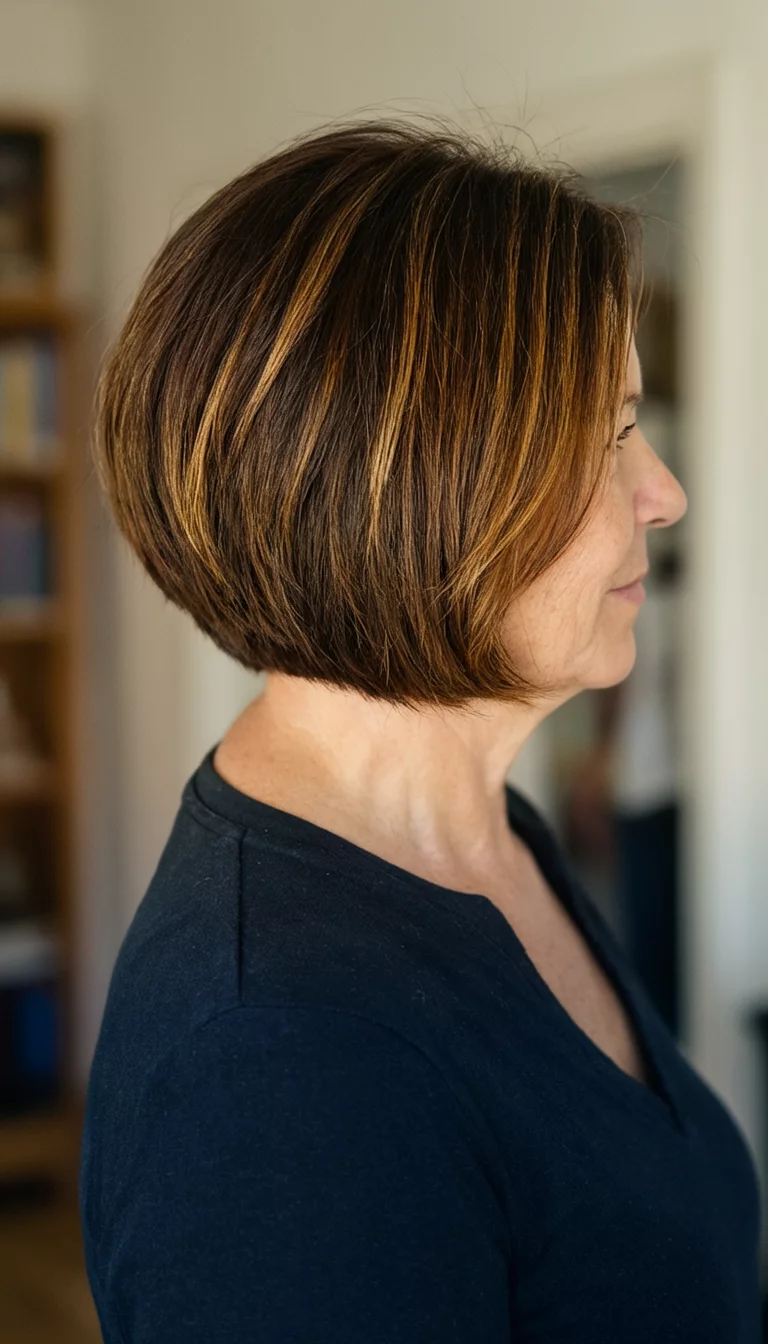 Rich Mahogany Bob casual photo of a 57-year-old woman wearing a dark top with a dark brown and caramel highlighted colored bob hairstyle, side view, indoor background