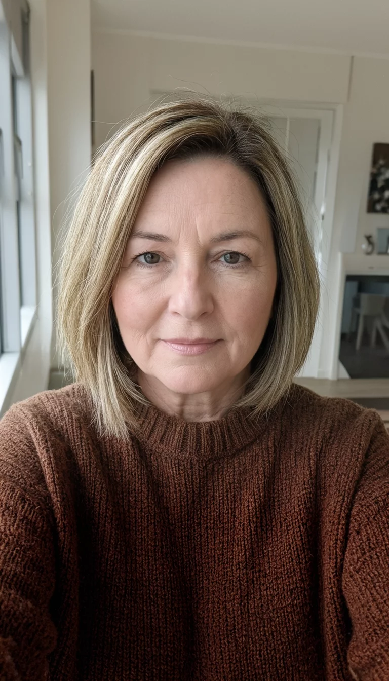 Beige Balayage Layers selfie of a 52-year-old woman wearing a brown sweater with a brown and blonde highlighted colored shoulder-length hairstyle, front view, indoor background