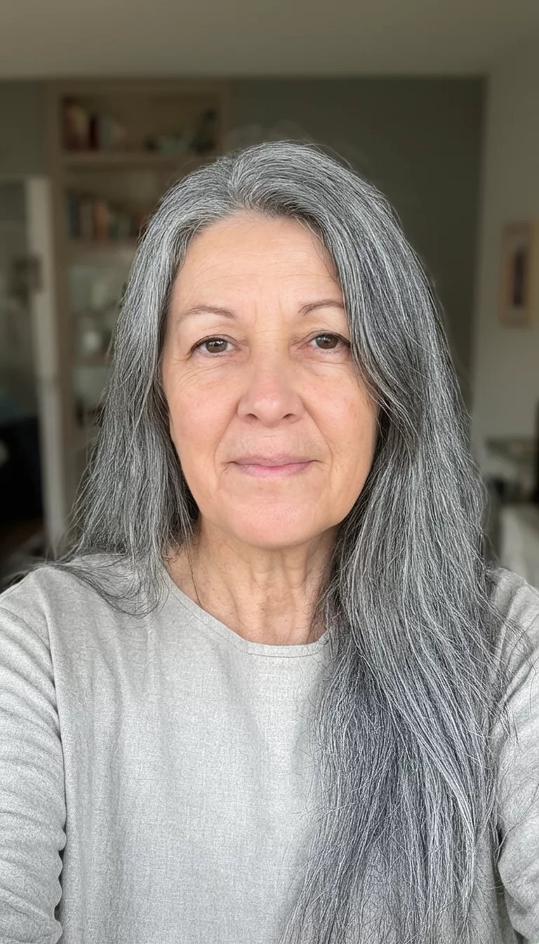 Classic Silver Sovereignty selfie of a 59-year-old woman wearing a simple top with a gray colored long hairstyle, front view, indoor background