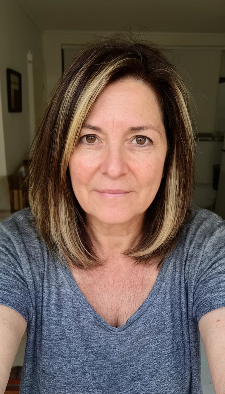 Dimensional Espresso with Sand selfie of a 53-year-old woman wearing a casual top with a dark brown and blonde highlighted colored shoulder-length hairstyle, front view, indoor background