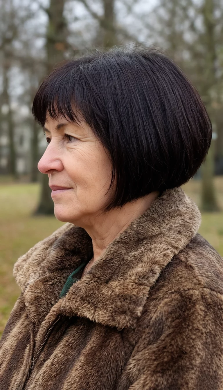 Sideways Sable Bob casual photo of a 55-year-old woman wearing a fur-lined jacket with a dark brown colored short bob hairstyle, side view, outdoor background