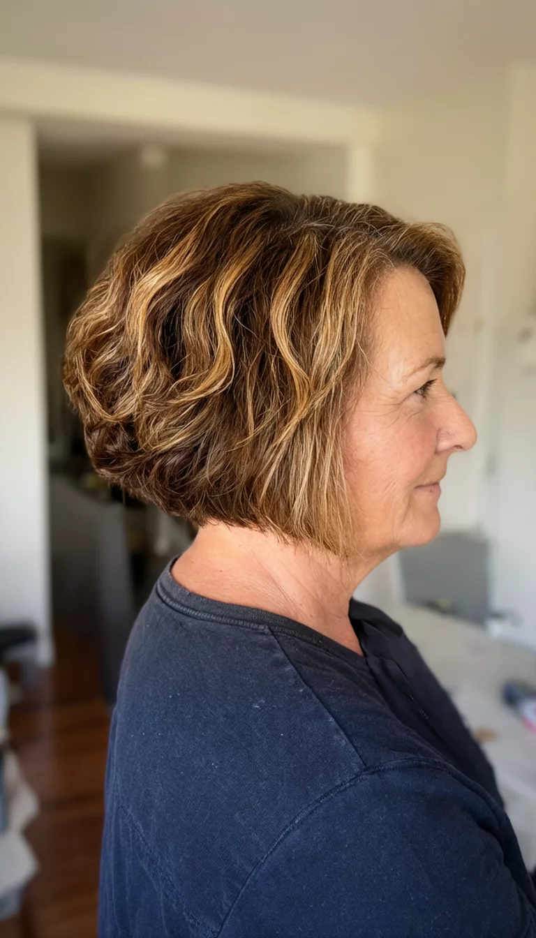 Mocha Bob with Caramel Ribbons casual photo of a 52-year-old woman wearing a dark shirt with a brown and caramel highlighted colored short, wavy hairstyle, side view, indoor background