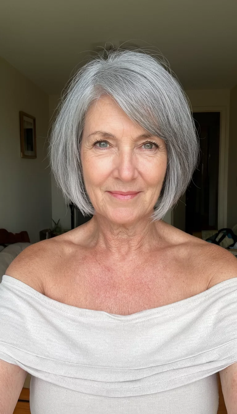 Sophisticated Silver Bob selfie of a 69-year-old woman wearing a light-colored off-the-shoulder top with a layered, light grey bob colored hairstyle, front view, indoor background