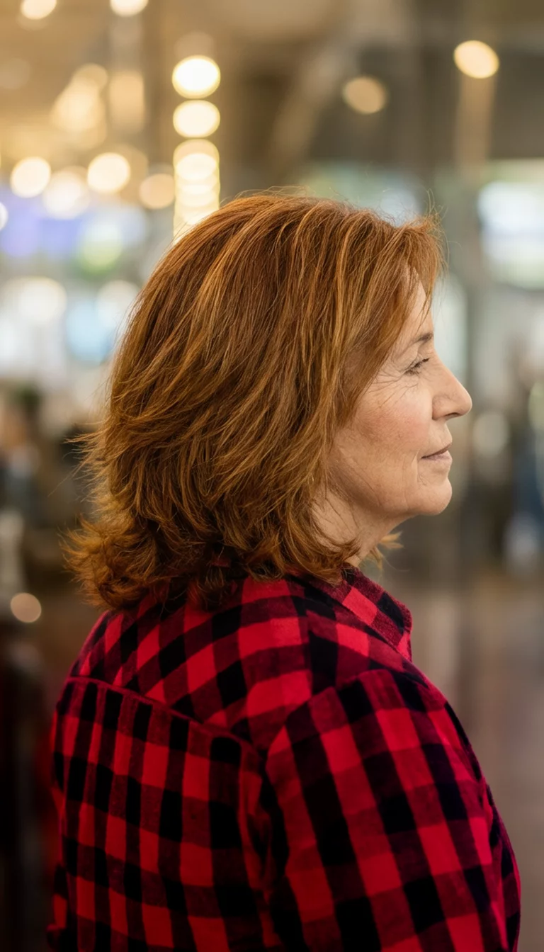 Vibrant Auburn Waves casual photo of a 61-year-old woman wearing a red and black checkered shirt with a auburn colored layered, wavy hairstyle, side view, softly blurred background with lights