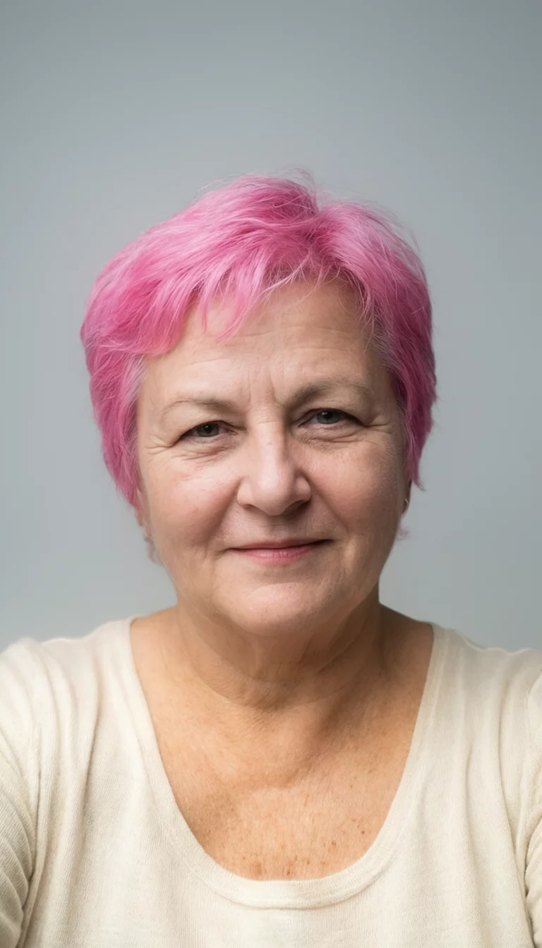 Short And Spunky Palette selfie of a 64-year-old woman wearing a light top with a pink colored short hairstyle, front view, studio background