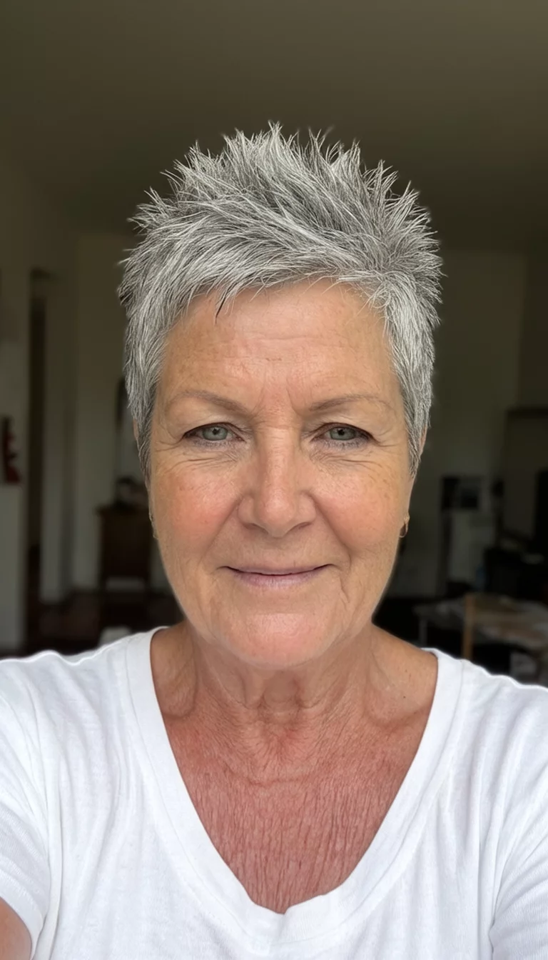 Metamorphosis From Cocoa To Silver selfie of a 69-year-old woman wearing a white top with a short, spiky grey colored hairstyle, front view, indoor background