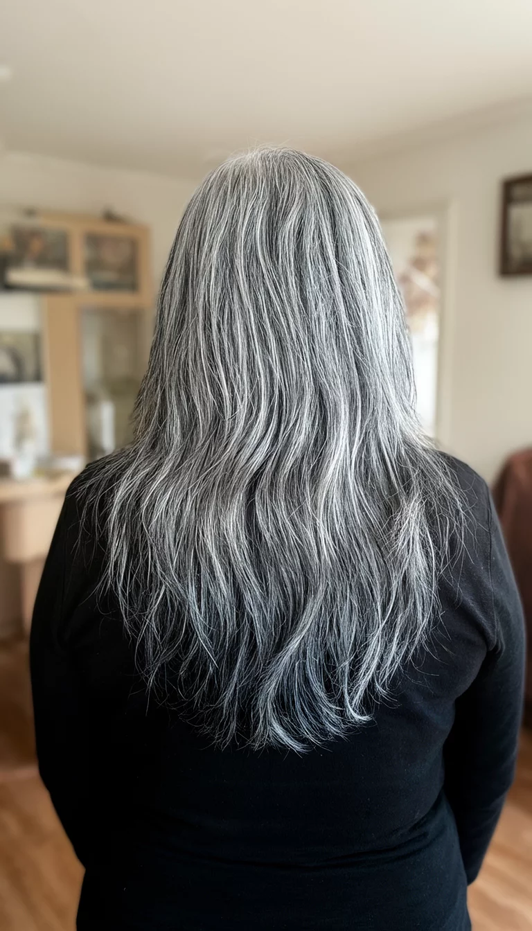 Smoky Silver With Midnight Lowlights casual photo of a 66-year-old woman wearing a black top with a silver and white with dark undertones colored long, layered hairstyle, back view, indoor setting