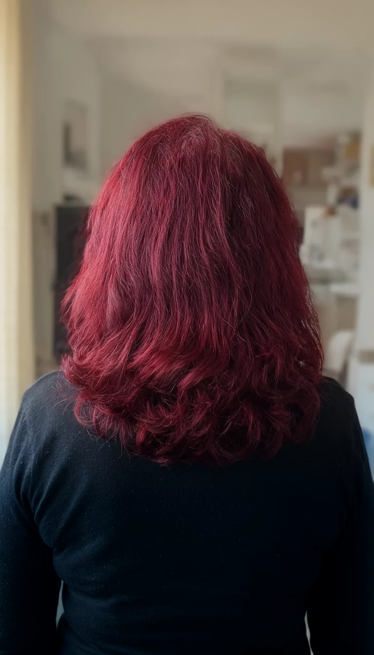 Deep Burgundy Sunset casual photo of a 67-year-old woman wearing a black top with a deep red or burgundy colored medium-length, wavy hairstyle, back view, indoor background