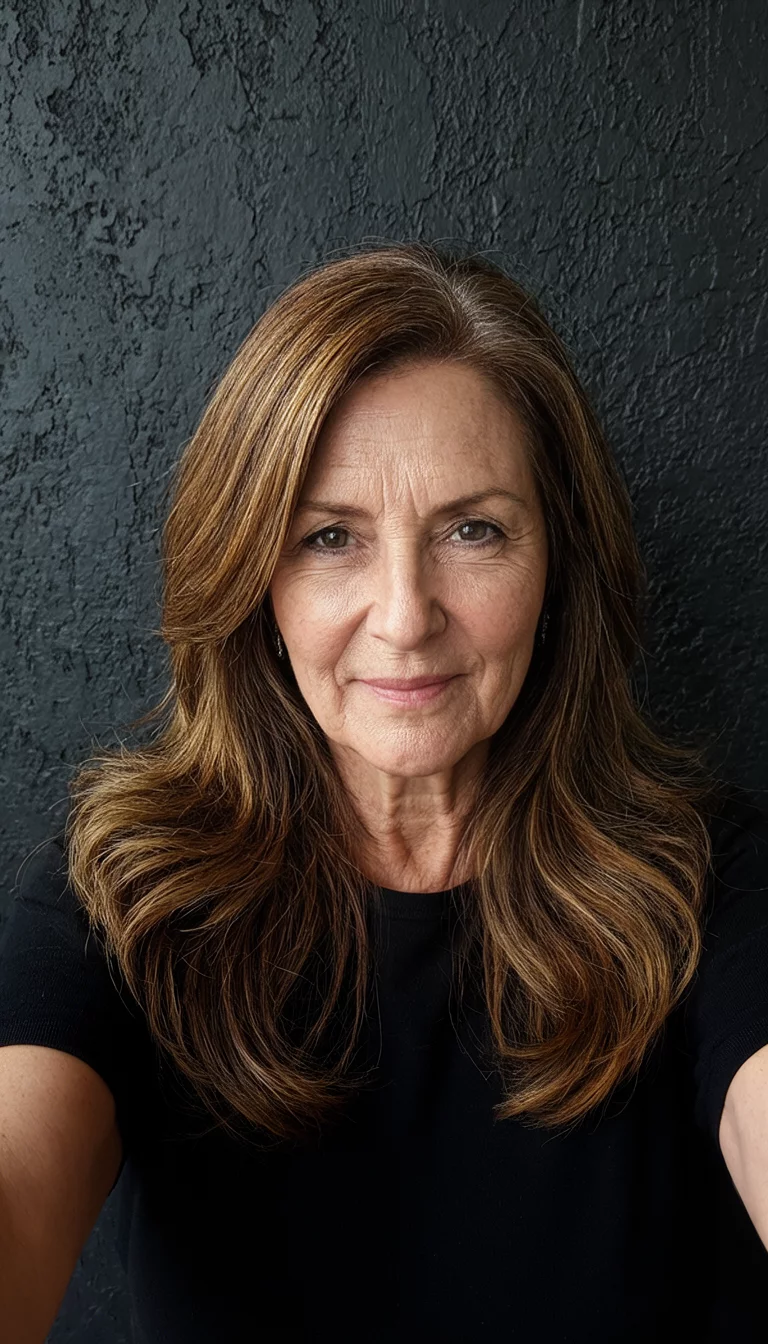 Caramel Infused Chocolate Brown selfie of a 64-year-old woman wearing a black top with a caramel-highlighted brown colored flowing, layered hairstyle, front view, dark, textured wall