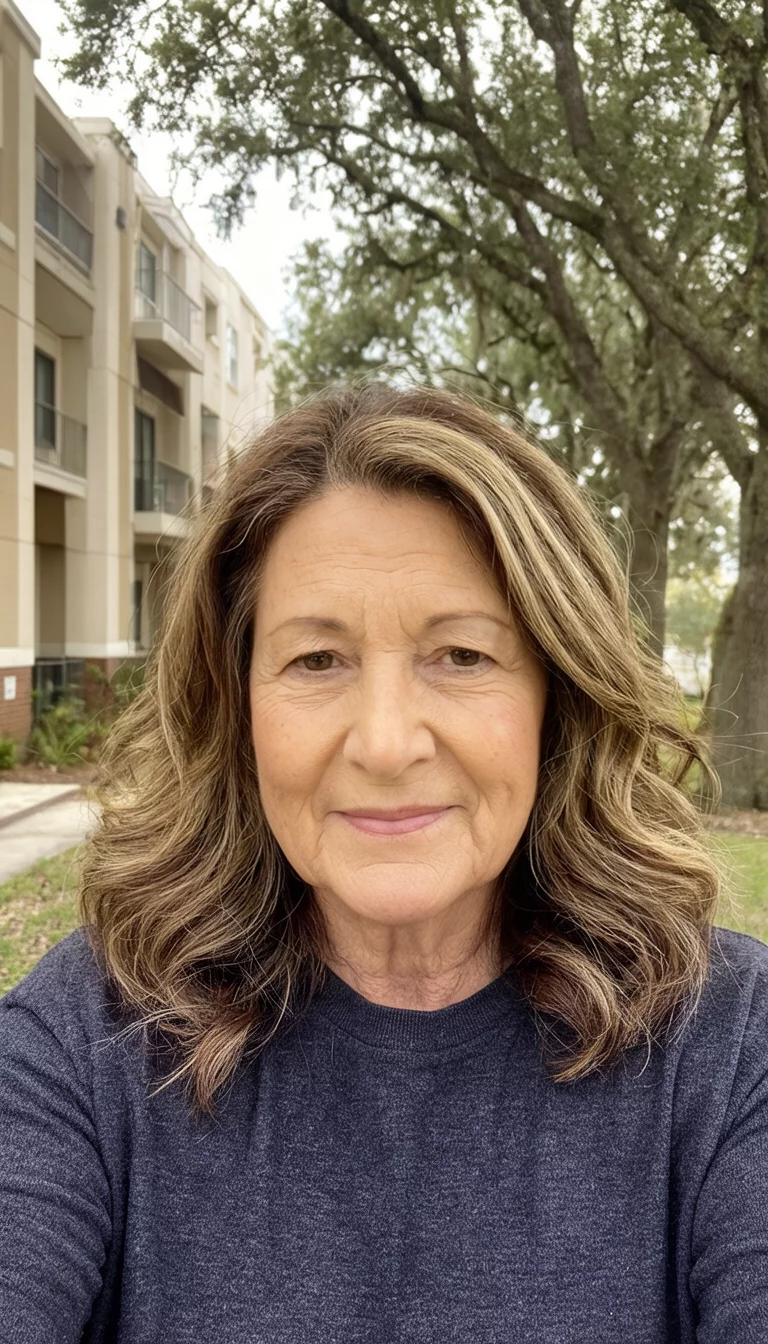 Sun Kissed Sandy Brunette selfie of a 68-year-old woman wearing a dark gray crew neck shirt with a brown and blonde-highlighted colored wavy hairstyle, front view, outdoors with a building and trees