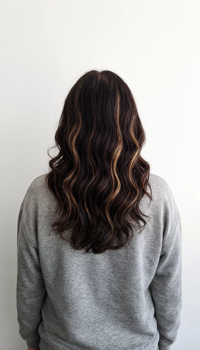 Espresso With Soft Walnut Streaks casual photo of a 67-year-old woman wearing a gray sweatshirt with a dark brown with subtle lighter streaks colored long, wavy hairstyle, back view, plain white wall
