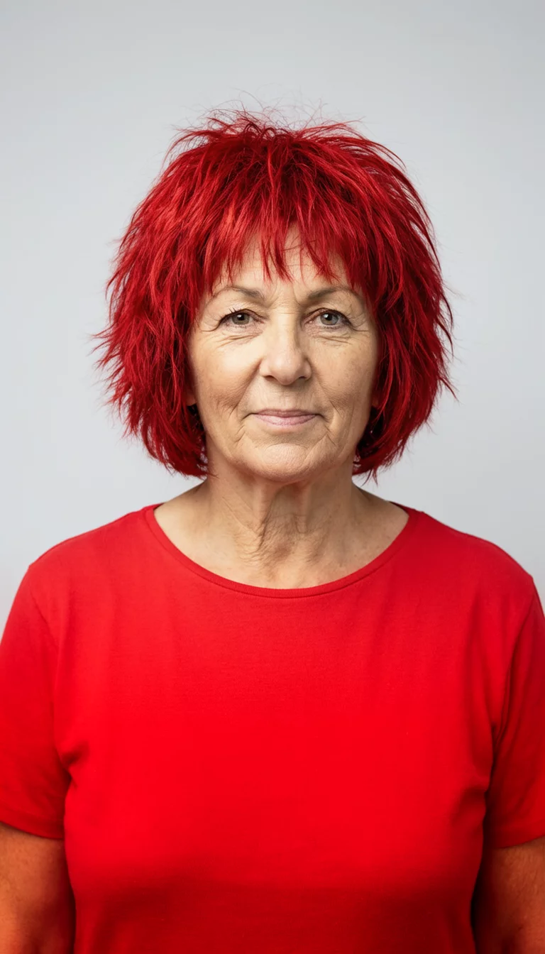 Modern Trio Of Texture casual photo of a 63-year-old woman wearing a red top with a red colored shag hairstyle, front view, studio background