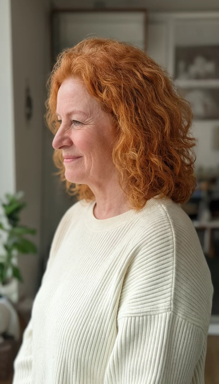 Strawberry Cream Waves casual photo of a 61-year-old woman wearing a cream, ribbed sweatshirt with a reddish-blonde colored wavy hairstyle, side view, indoor background
