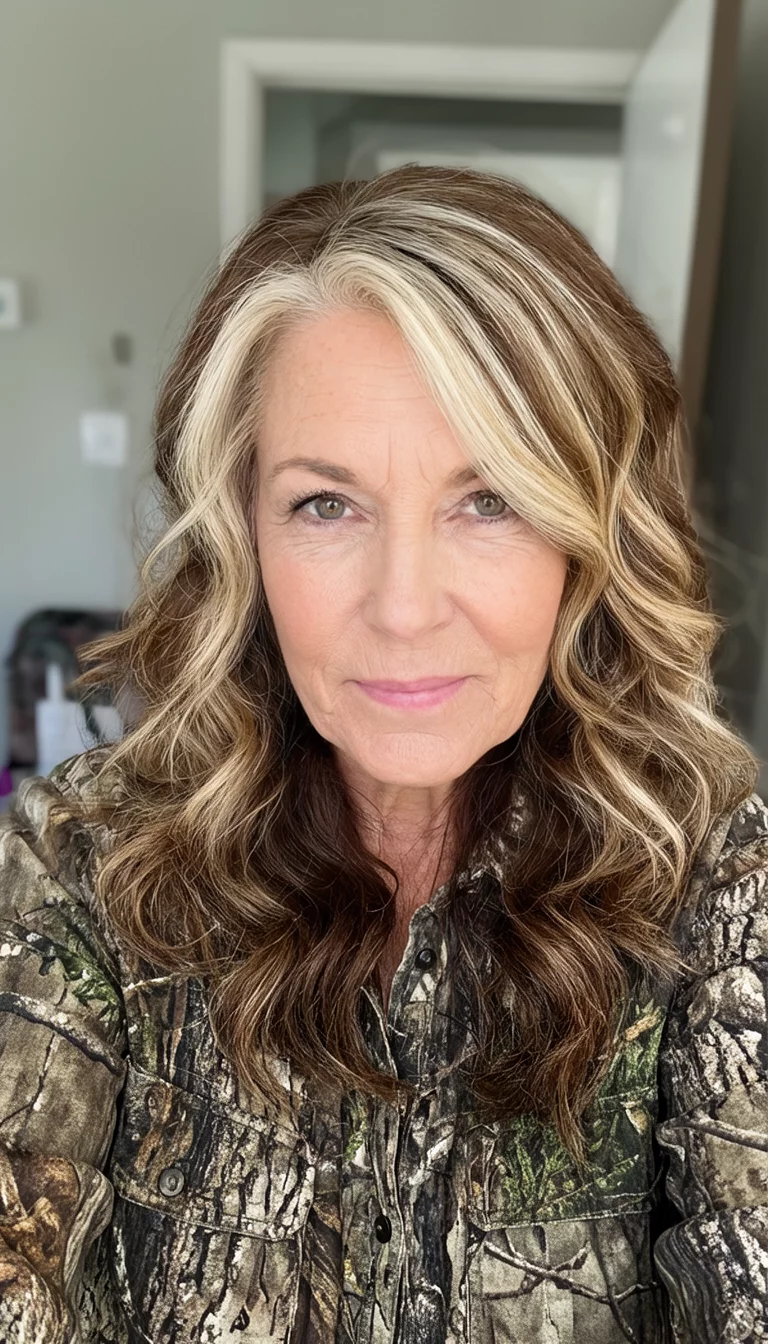 Mushroom Brown With Butter Highlights selfie of a 60-year-old woman wearing a camouflage-patterned shirt with a brown with prominent blonde highlights colored wavy hairstyle, front view, indoor background