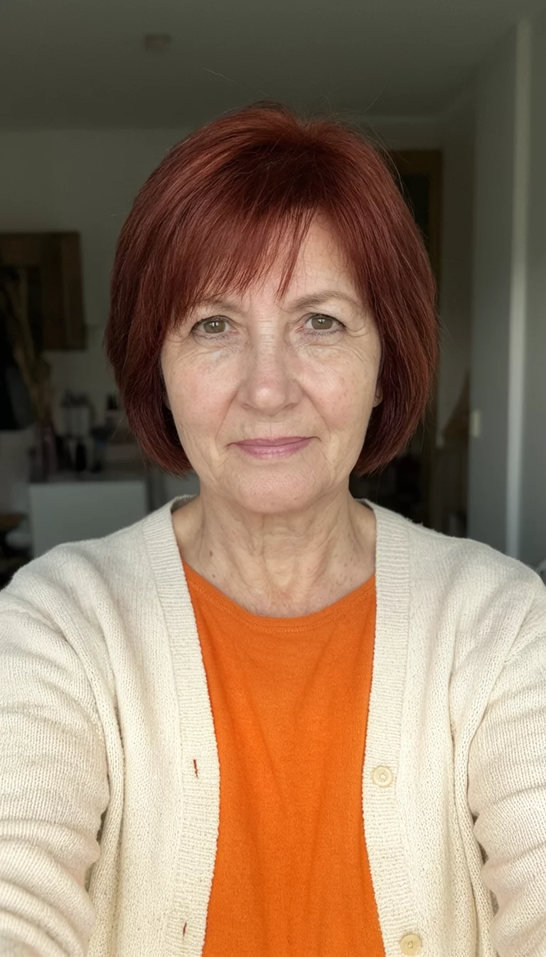 Cozy Copper Bob selfie of a 66-year-old woman wearing a cream cardigan over an orange top with a reddish-brown colored short, layered hairstyle, front view, indoor background