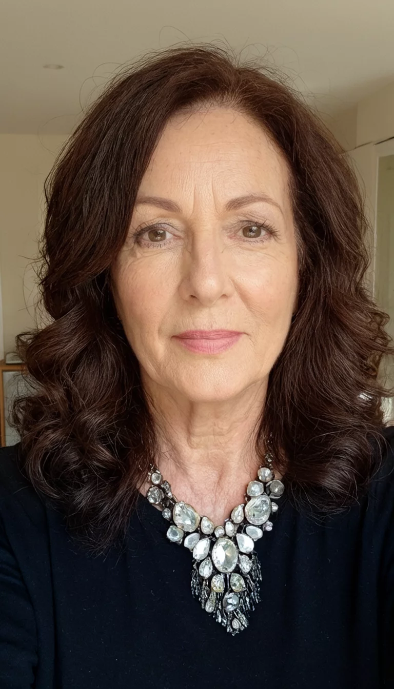 The Classic Brunette Spectrum selfie of a 62-year-old woman wearing a statement necklace with a dark brown colored wavy hairstyle, front view, indoor setting