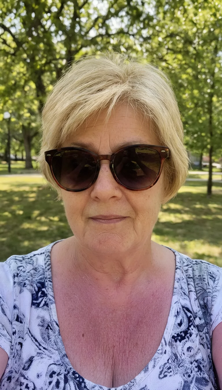 The Platinum Power Team selfie of a 62-year-old woman wearing sunglasses with a short blonde colored hairstyle, front view, outdoor background