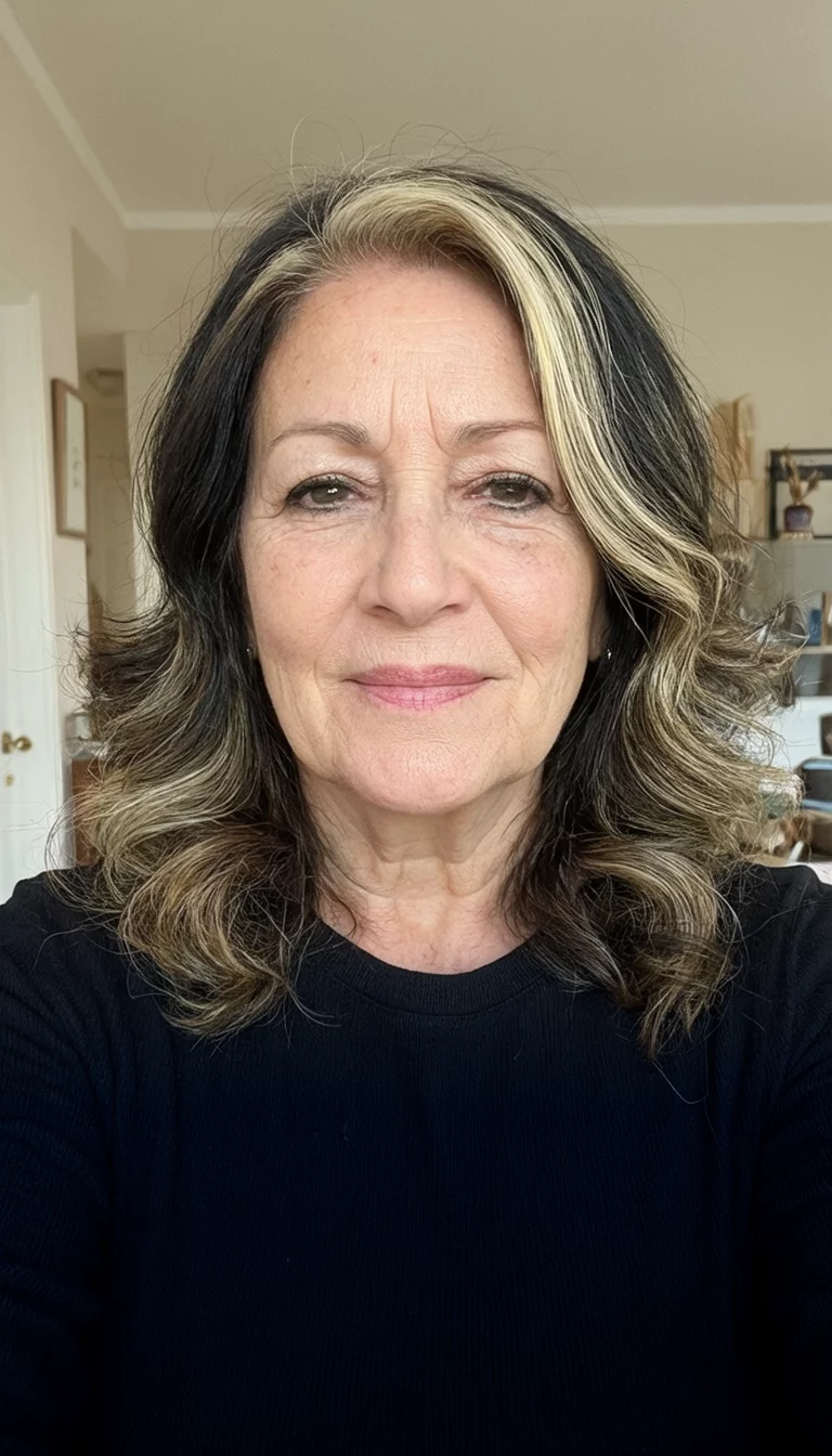 Caramel Ribbon Brunette selfie of a 65-year-old woman wearing a black top with a dark hair and blonde highlights colored wavy hairstyle, front view, indoor background