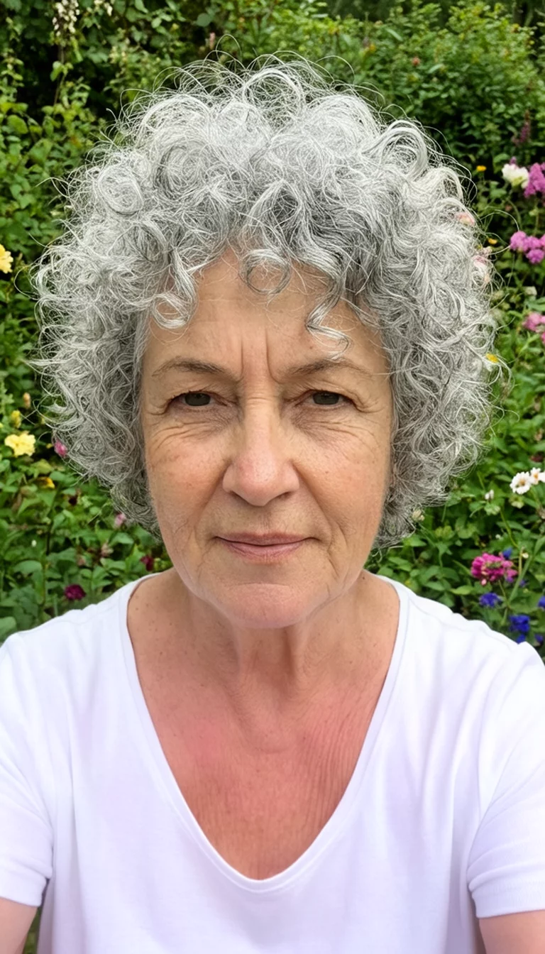 Natural Salt And Pepper Curls selfie of a 68-year-old woman wearing a white top with a light grey colored naturally curly hairstyle, front view, garden background