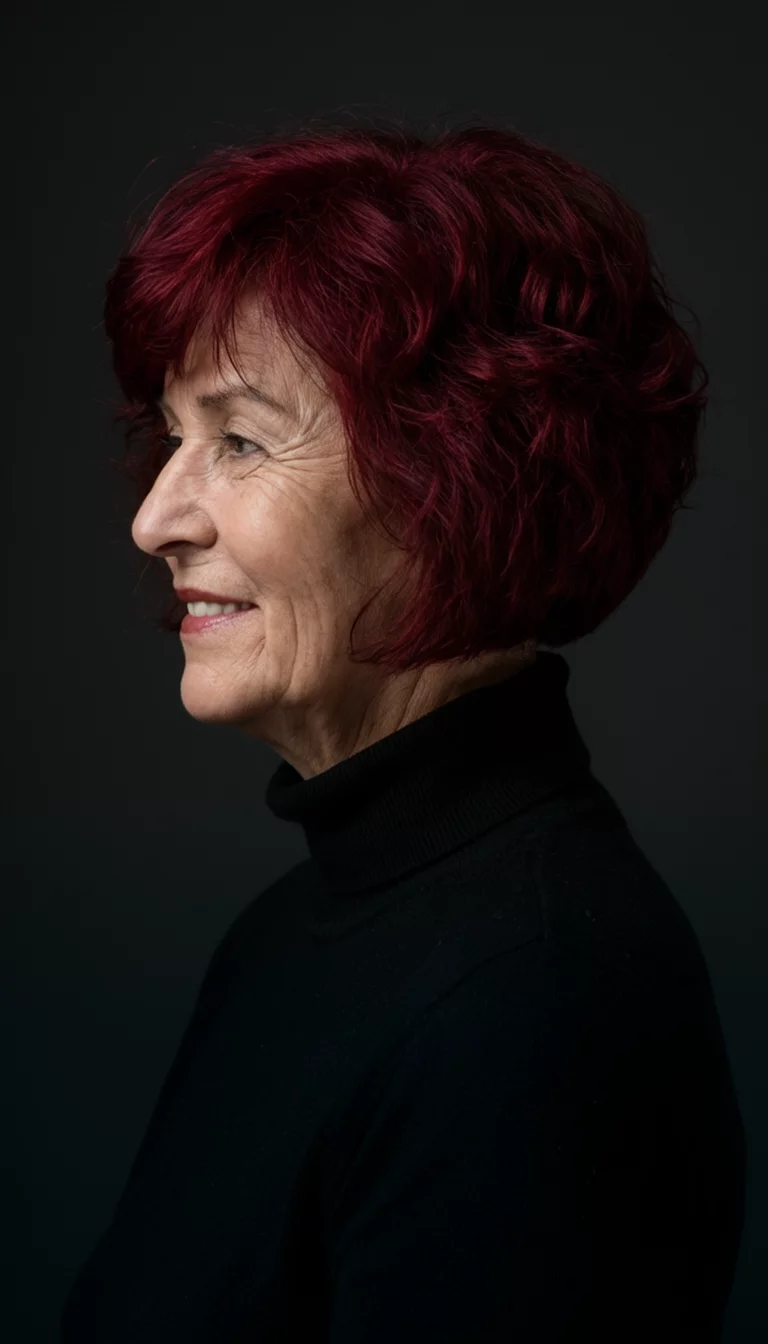 Cranberry Wine Curls casual photo of a 65-year-old woman wearing a black turtleneck with a dark red colored short, wavy hairstyle, side view, dark background