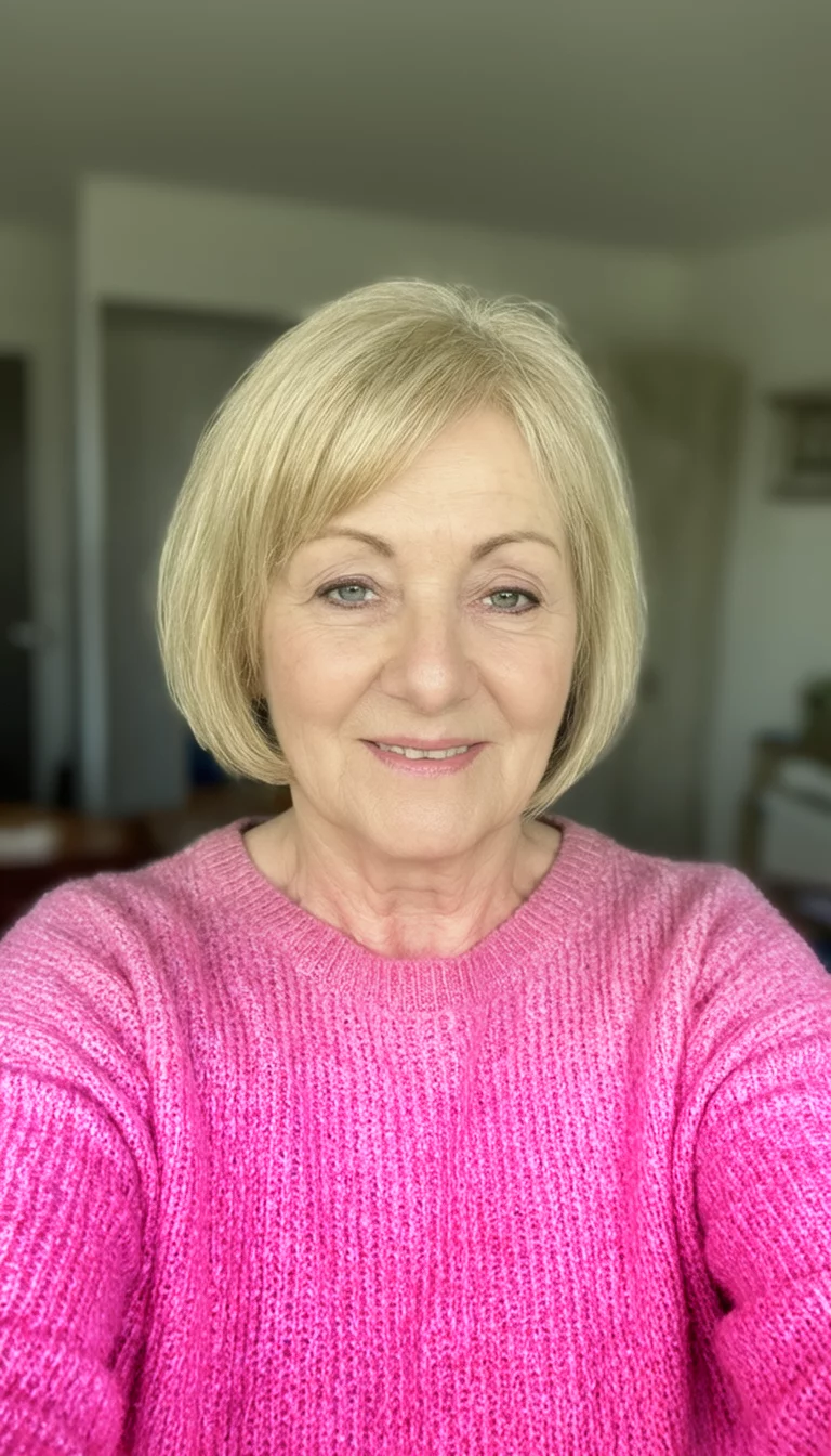 The Triple Threat Bobs selfie of a 62-year-old woman wearing a pink sweater with a blonde colored bob hairstyle, front view, indoor setting