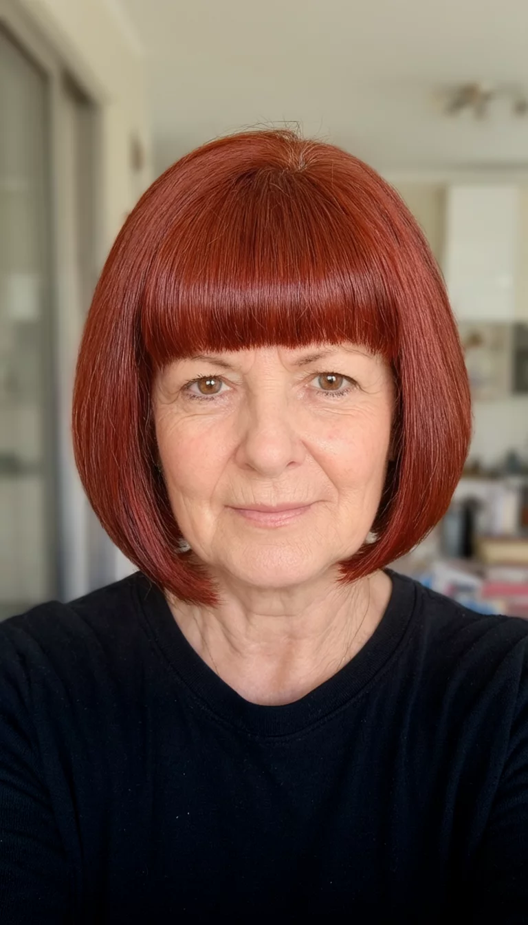 Polished Mahogany Bob selfie of a 63-year-old woman wearing a black top with a reddish-brown colored polished bob hairstyle, front view, indoor background