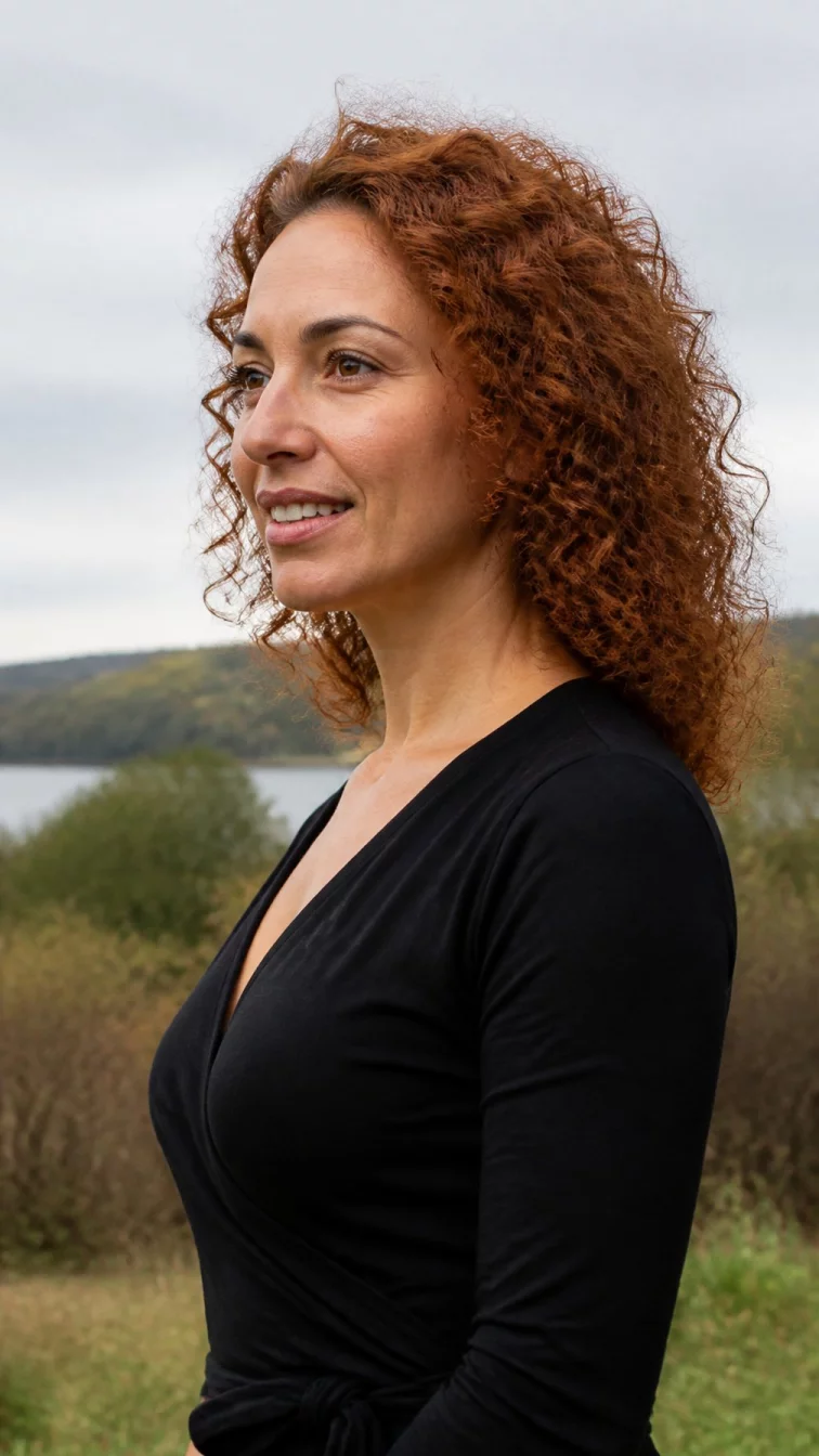 A side view photo of a 43-year-old Eastern European woman with a oval face, dark brown, rounded nose, softly curved eyebrows, and thin lips. Her face features gap between front teeth, visible pores, and subtle natural facial asymmetry. She has almond-shaped dark brown eyes, high cheekbones, subtle smile, cheerful. She is athletic and is wearing a black wrap blouse with pumpkin spice curly hair, overcast daylight, outdoor