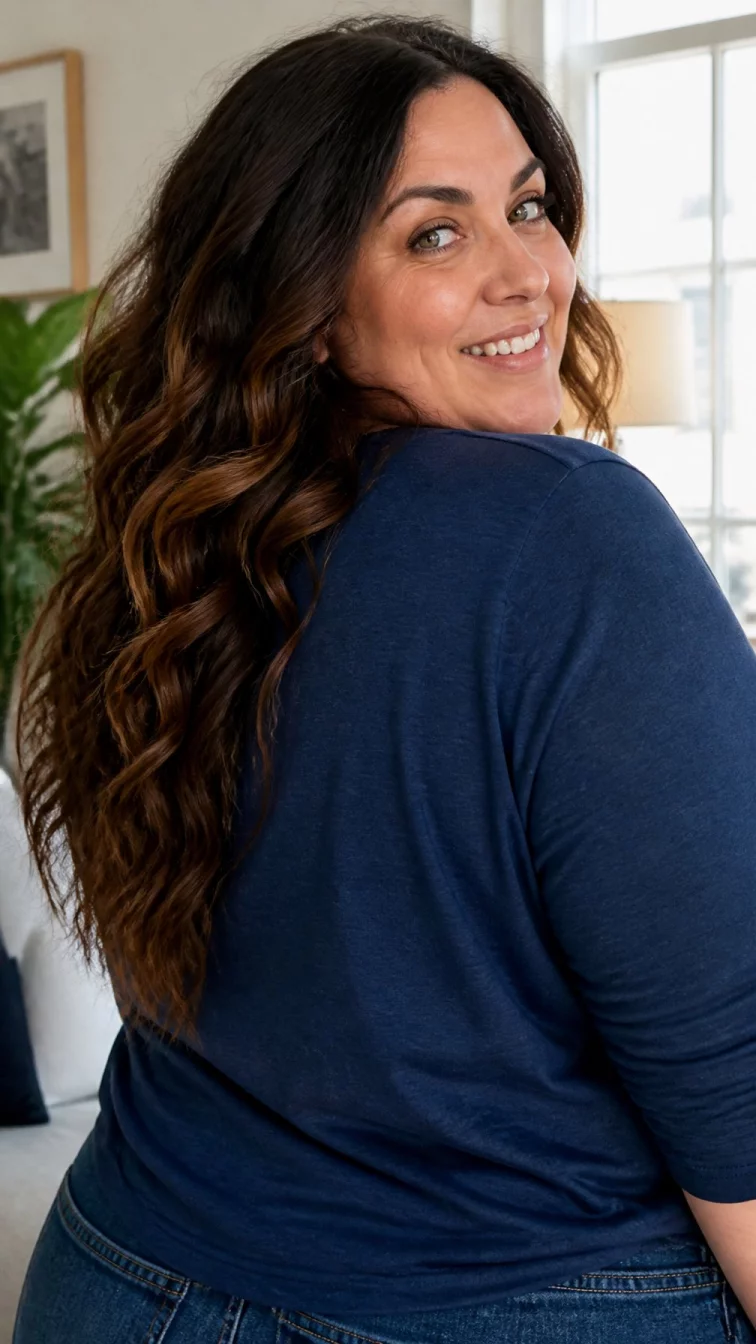 A back view photo of a 35-year-old Mediterranean woman with a oblong face, deep brown, upturned nose, thin arched eyebrows, and heart-shaped lips. Her face features gap between front teeth, a few laugh lines, and subtle natural facial asymmetry. She has upturned green eyes, soft cheekbones, broad smile, playful. She is plus-size and is wearing a denim blue long sleeve t-shirt with espresso toffee wavy hair, bright natural daylight, indoor