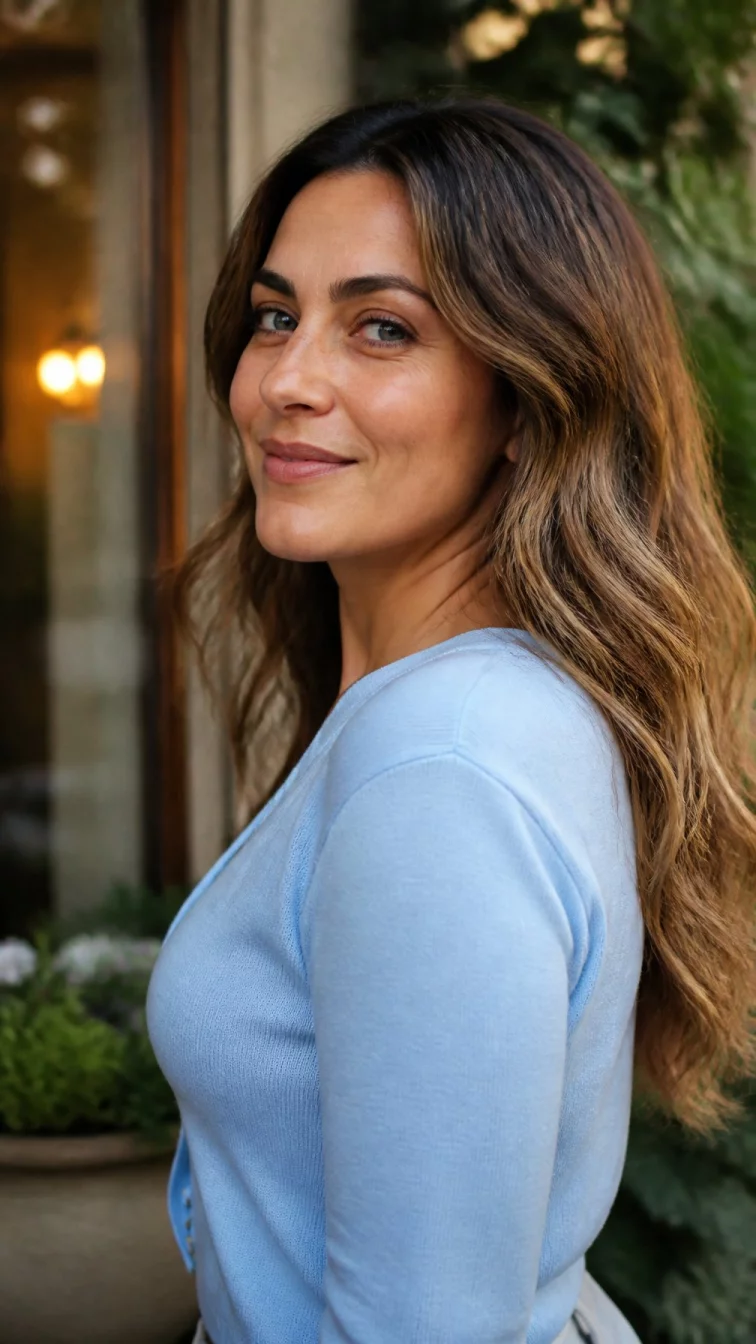 A side view photo of a 39-year-old Middle Eastern woman with a square face, golden brown, straight nose, thick natural eyebrows, and thin lips. Her face features slightly crooked smile, light freckles, and subtle natural facial asymmetry. She has deep-set blue eyes, soft cheekbones, closed-mouth smile, playful. She is curvy and is wearing a baby blue cardigan with frosted walnut blonde wavy hair, warm indoor lighting, outdoor