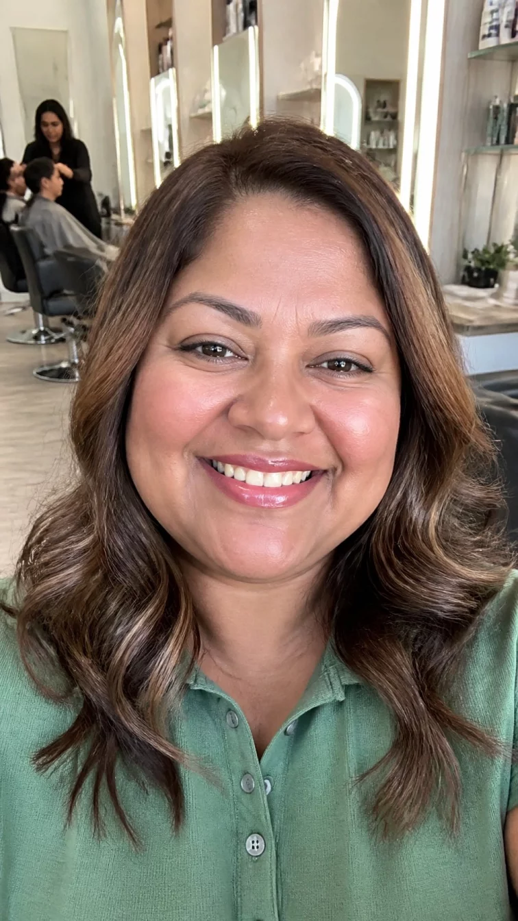 selfie of a 48-year-old South Asian woman with a heart-shaped face, dark brown, broad nose, thin arched eyebrows, and wide lips. Her face features small scar on the eyebrow, slightly flushed cheeks, and subtle natural facial asymmetry. She has almond-shaped hazel eyes, rounded cheeks, broad smile, cheerful. She is plus-size and is wearing a sage green golf polo with salted caramel balayage wavy mid-length hair, bright natural daylight, hair salon