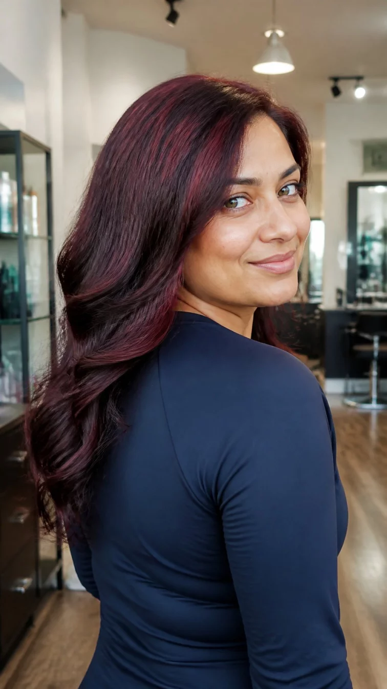 A back view photo of a 40-year-old South Asian woman with a round face, dark brown, upturned nose, thin arched eyebrows, and full lips. Her face features slightly crooked smile, subtle acne marks, and subtle natural facial asymmetry. She has round green eyes, rounded cheeks, closed-mouth smile, thoughtful. She is slim and is wearing a navy blue activewear top with mahogany crimson wavy hair, soft window light, hair salon