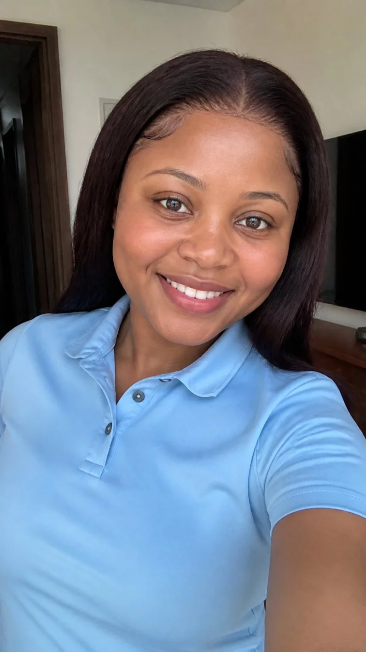 selfie of a 29-year-old Black African woman with a round face, fair, broad nose, softly curved eyebrows, and wide lips. Her face features widow's peak hairline, slightly flushed cheeks, and subtle natural facial asymmetry. She has round brown eyes, pronounced cheekbones, broad smile, cheerful. She is petite and is wearing a baby blue tennis polo with plum blackberry sleek hair, bright natural daylight, indoor