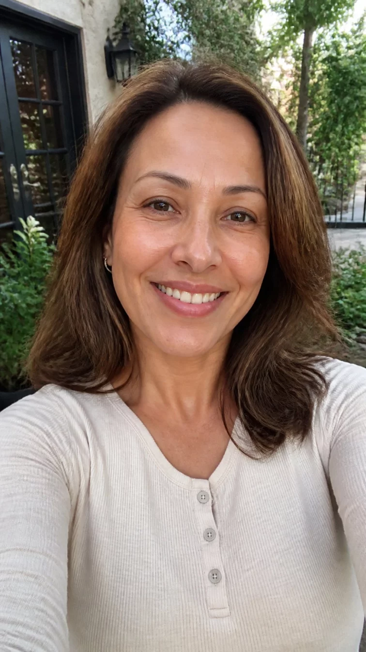 selfie of a 48-year-old Middle Eastern woman with a diamond face, olive, button nose, thin arched eyebrows, and heart-shaped lips. Her face features small scar on the eyebrow, faint under-eye shadows, and subtle natural facial asymmetry. She has monolid brown eyes, high cheekbones, broad smile, cheerful. She is petite and is wearing a cream henley shirt with pecan shell neutral mid-length hair, soft window light, outdoor