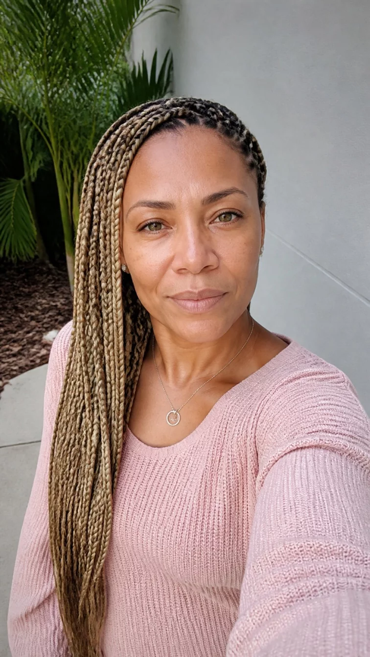 selfie of a 42-year-old Afro-Caribbean woman with a diamond face, dark brown, rounded nose, softly curved eyebrows, and thin lips. Her face features small scar on the eyebrow, a few laugh lines, and subtle natural facial asymmetry. She has monolid green eyes, rounded cheeks, neutral expression, cheerful. She is slim and is wearing a blush pink knit top with soft sand buttercream braided hair, soft window light, outdoor