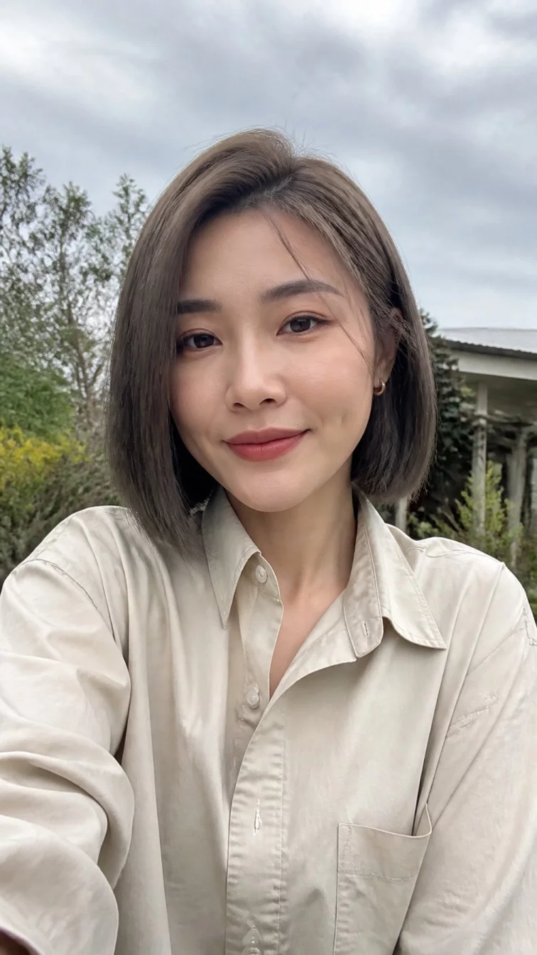 selfie of a 25-year-old East Asian woman with a diamond face, light, straight nose, thick natural eyebrows, and heart-shaped lips. Her face features dimples, slightly flushed cheeks, and subtle natural facial asymmetry. She has hooded amber eyes, soft cheekbones, closed-mouth smile, thoughtful. She is average and is wearing a beige oversized button-up shirt with smoky chai ash sleek bob hair, overcast daylight, outdoor