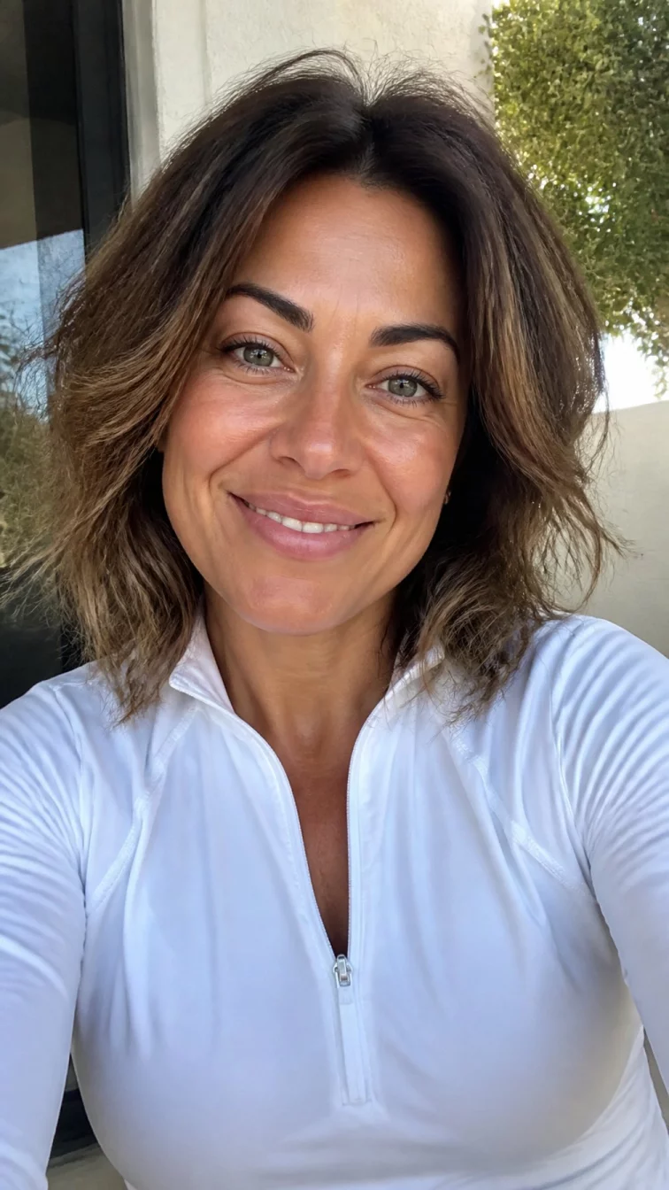 selfie of a 42-year-old Southern European woman with a diamond face, tan, upturned nose, feathered eyebrows, and full lips. Her face features slightly crooked smile, slightly flushed cheeks, and subtle natural facial asymmetry. She has hooded gray eyes, soft cheekbones, broad smile, confident. She is athletic and is wearing a white quarter-zip pullover with iced mocha shoulder-length hair, soft window light, outdoor