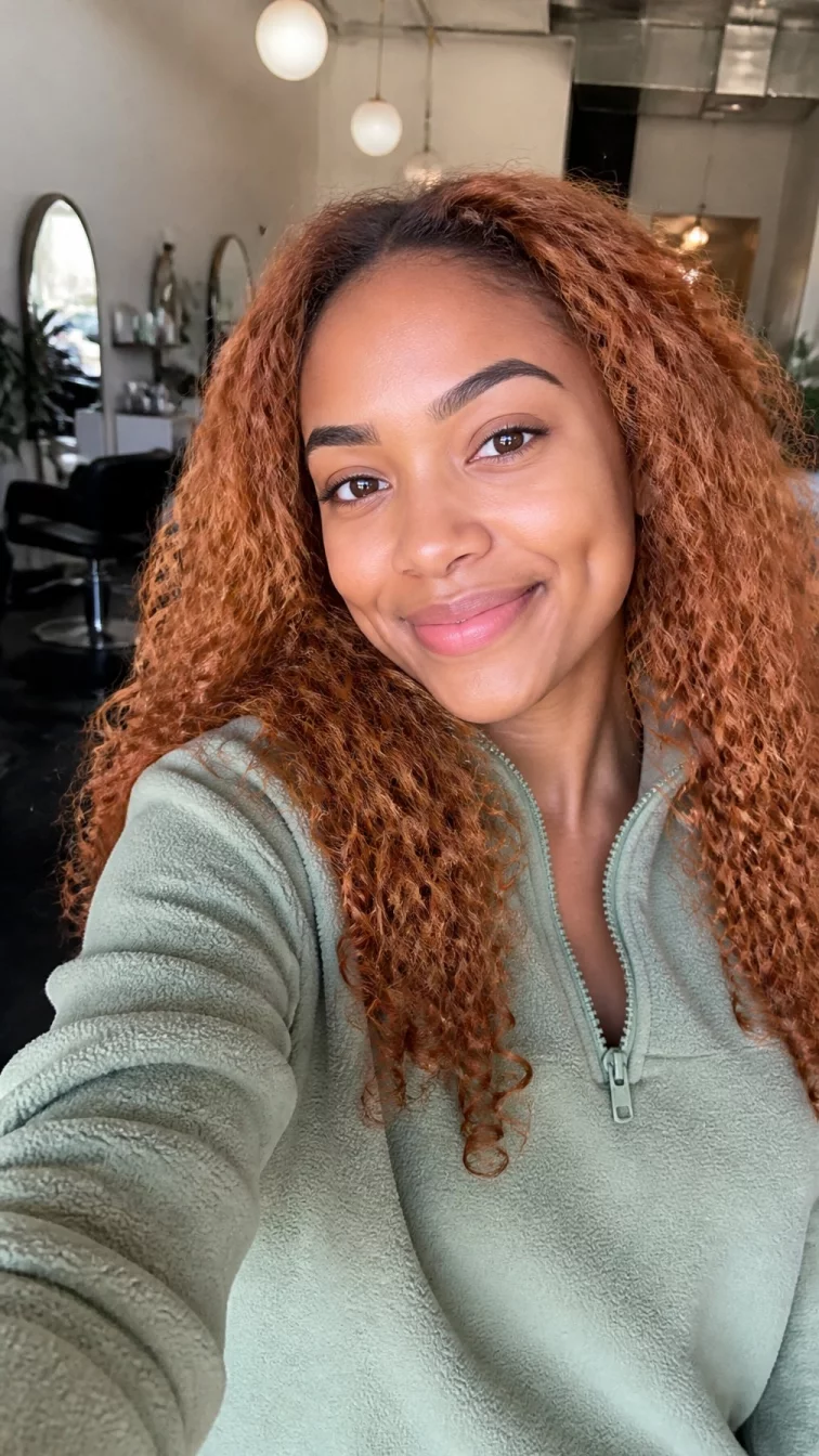 selfie of a 26-year-old Afro-Caribbean woman with a heart-shaped face, tan, straight nose, thick natural eyebrows, and wide lips. Her face features dimples, a few laugh lines, and subtle natural facial asymmetry. She has round amber eyes, high cheekbones, broad smile, playful. She is average and is wearing a sage green fleece pullover with creamy apricot copper curly hair, bright natural daylight, hair salon