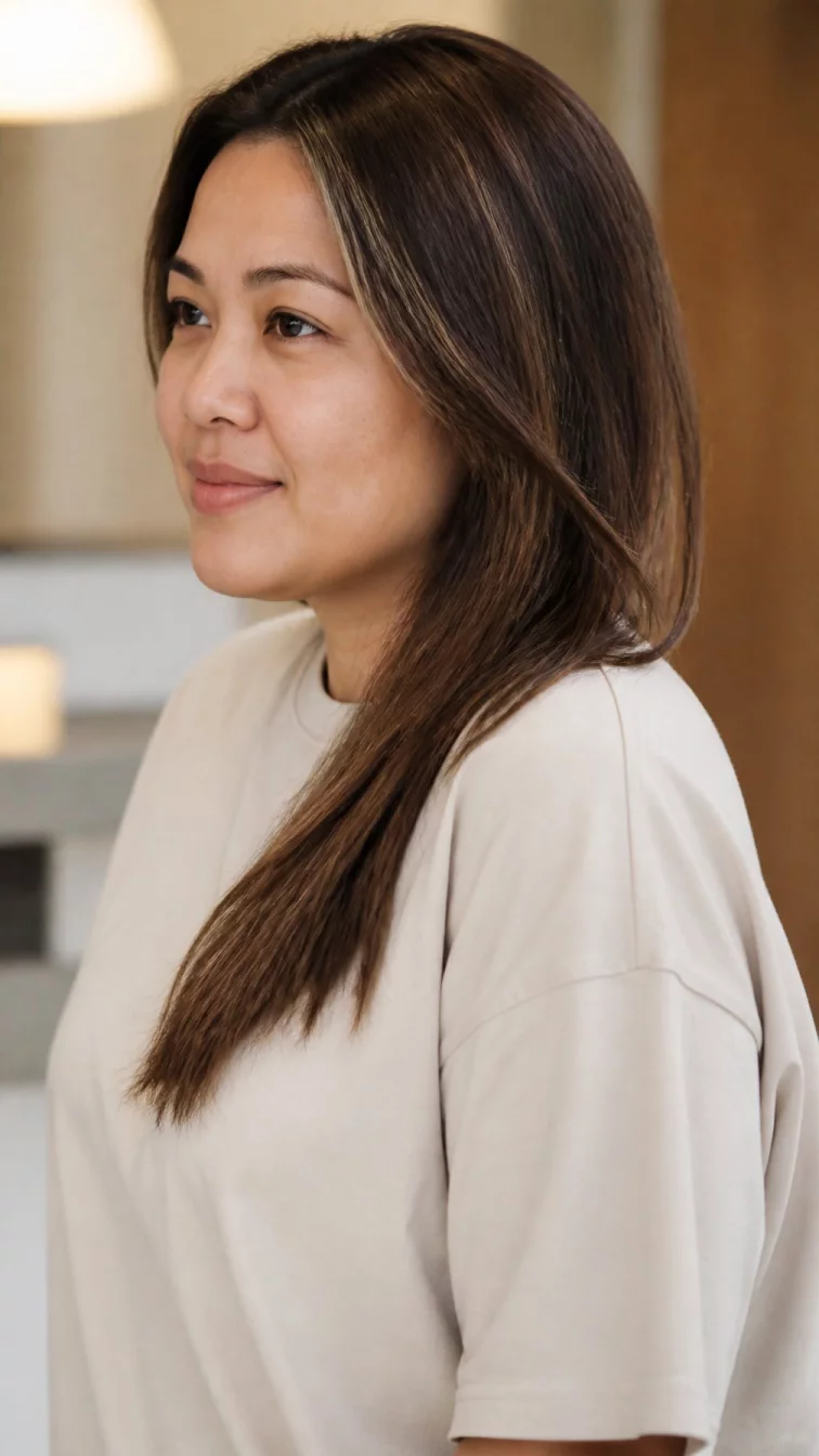 A side view photo of a 35-year-old Southeast Asian woman with a pear-shaped face, olive, rounded nose, thin arched eyebrows, and heart-shaped lips. Her face features slightly crooked smile, subtle acne marks, and subtle natural facial asymmetry. She has almond-shaped dark brown eyes, soft cheekbones, subtle smile, thoughtful. She is curvy and is wearing a cream oversized t-shirt with champagne cocoa straight hair, warm indoor lighting, indoor