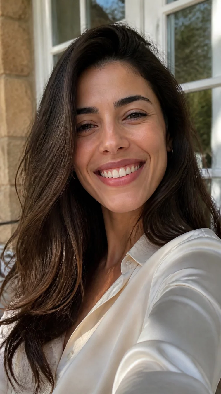 selfie of a 31-year-old Mediterranean woman with a diamond face, light, straight nose, feathered eyebrows, and full lips. Her face features widow's peak hairline, subtle acne marks, and subtle natural facial asymmetry. She has monolid gray eyes, rounded cheeks, broad smile, cheerful. She is average and is wearing a cream silk blouse with honey glazed walnut voluminous hair, soft window light, outdoor