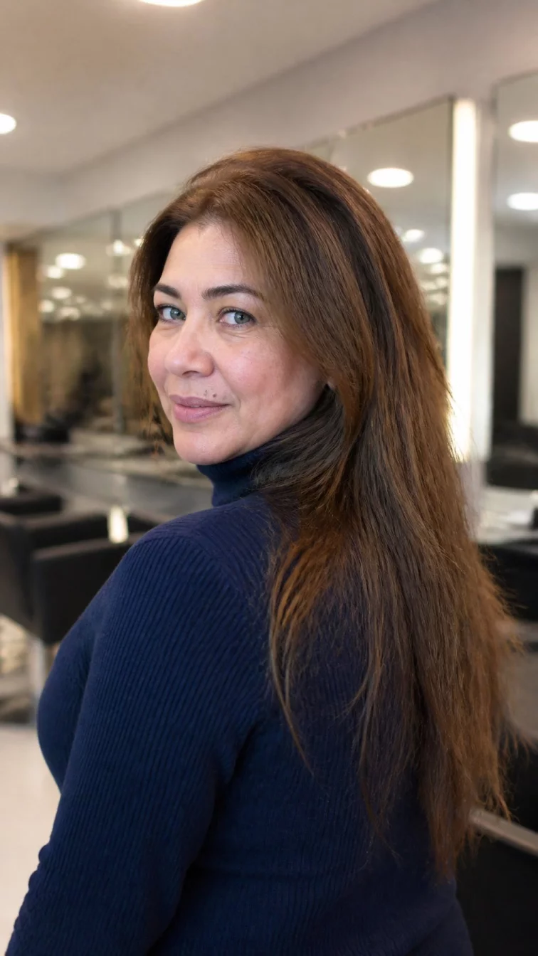 A back view photo of a 49-year-old Middle Eastern woman with a oval face, fair, broad nose, straight eyebrows, and full lips. Her face features beauty mark near the lip, subtle acne marks, and subtle natural facial asymmetry. She has deep-set blue eyes, rounded cheeks, subtle smile, thoughtful. She is athletic and is wearing a navy blue turtleneck sweater with muted mushroom brown straight long hair, bright natural daylight, hair salon