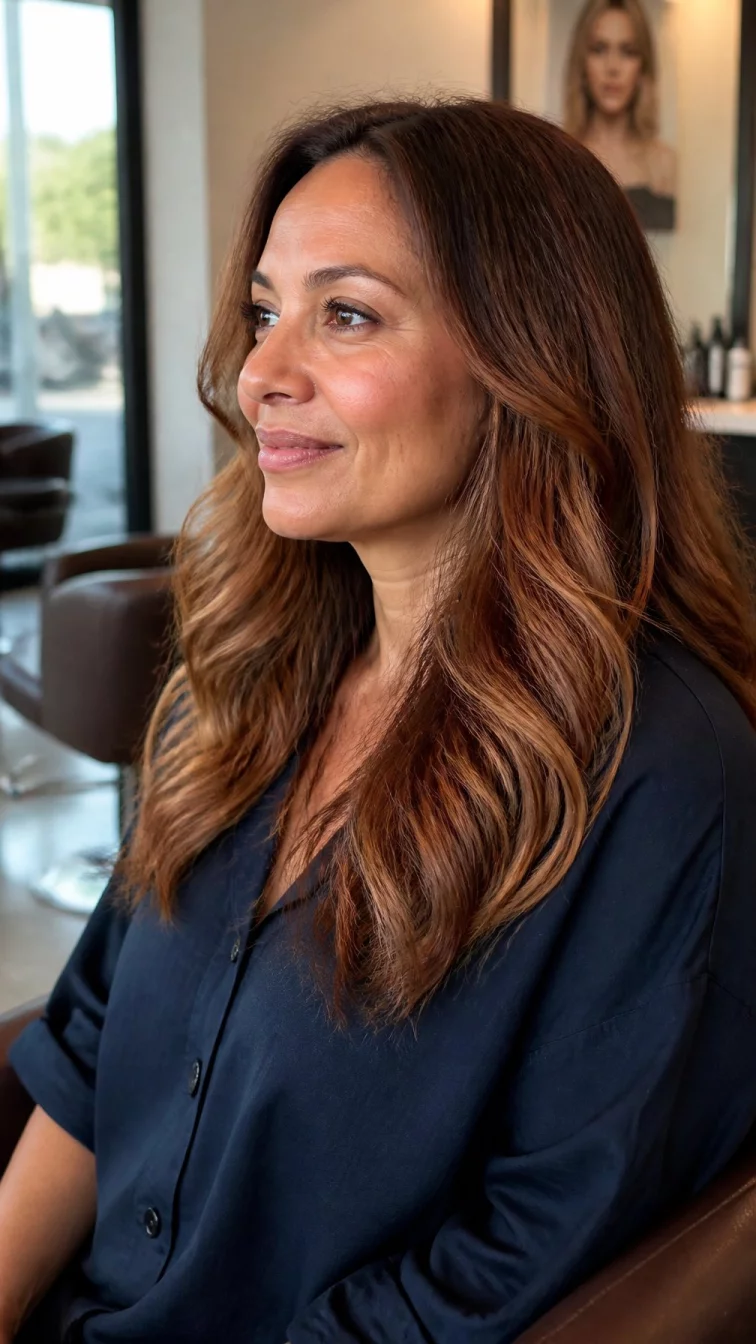 A side view photo of a 49-year-old Mixed-race woman with a oval face, deep brown, straight nose, thick natural eyebrows, and full lips. Her face features slightly crooked smile, slightly flushed cheeks, and subtle natural facial asymmetry. She has downturned gray eyes, high cheekbones, closed-mouth smile, cheerful. She is petite and is wearing a navy blue oversized button-up shirt with burnt sienna copper loose waves, soft window light, hair salon