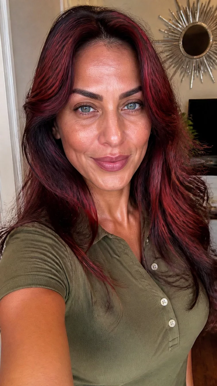 selfie of a 46-year-old Latina woman with a oblong face, deep brown, aquiline nose, thick natural eyebrows, and full lips. Her face features dimples, visible pores, and subtle natural facial asymmetry. She has hooded blue eyes, high cheekbones, subtle smile, playful. She is slim and is wearing a olive green polo shirt with maple leaf red layered hair, warm indoor lighting, indoor
