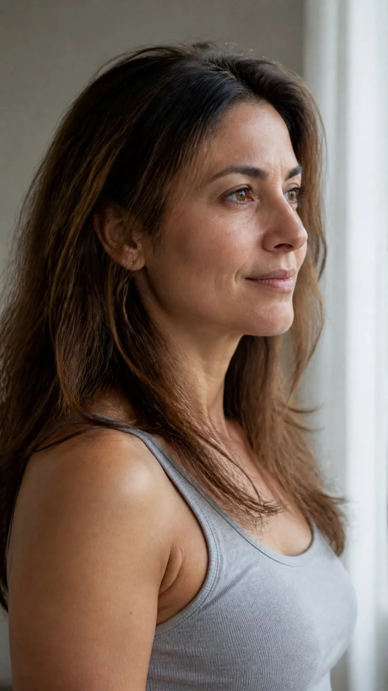 A side view photo of a 45-year-old Southern European woman with a pear-shaped face, deep brown, upturned nose, straight eyebrows, and full lips. Her face features small scar on the eyebrow, faint under-eye shadows, and subtle natural facial asymmetry. She has monolid brown eyes, soft cheekbones, broad smile, thoughtful. She is slim and is wearing a light gray tank top with butterscotch brunette long hair, overcast daylight, indoor
