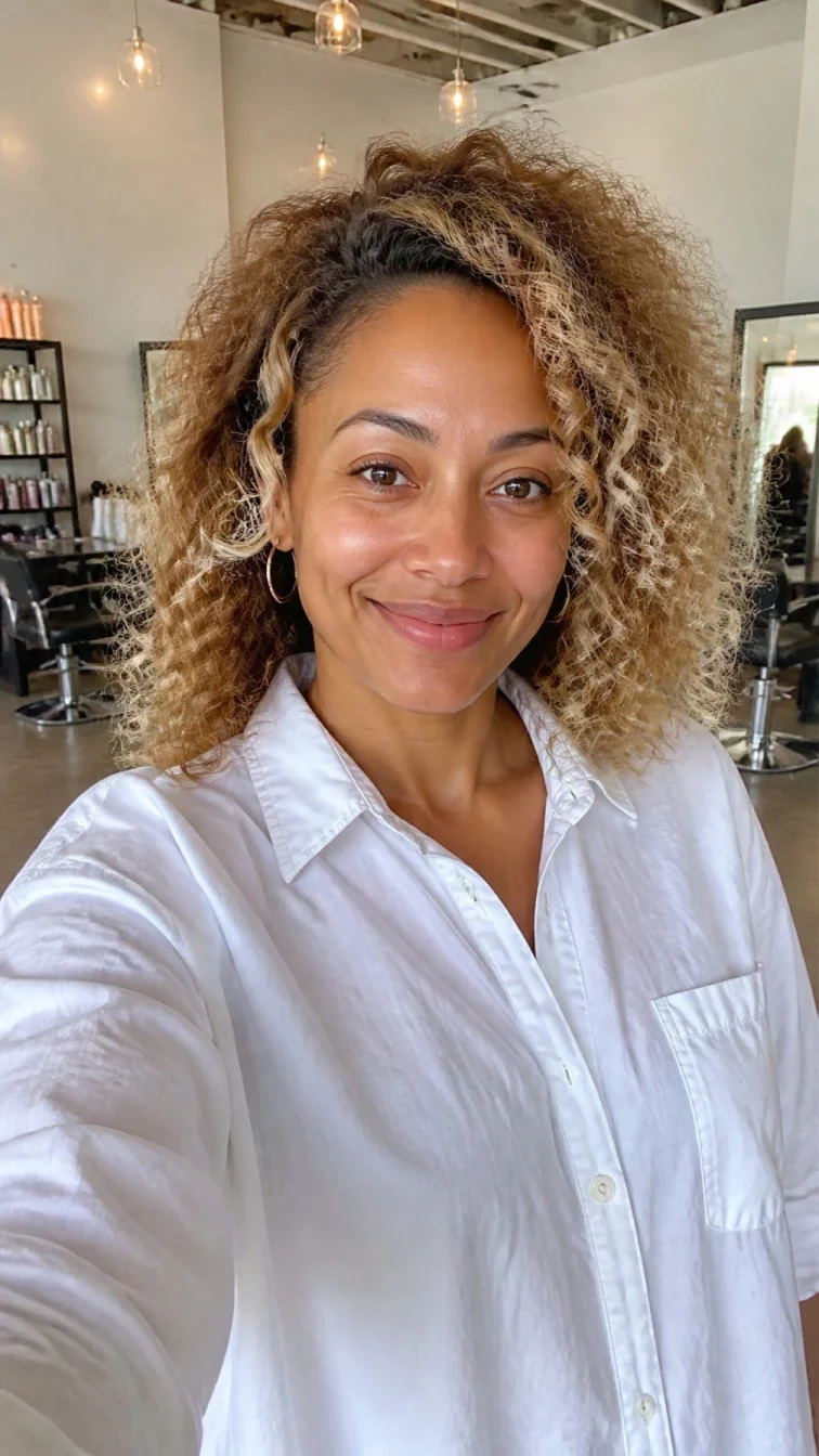 selfie of a 37-year-old Afro-Caribbean woman with a oblong face, deep brown, straight nose, softly curved eyebrows, and heart-shaped lips. Her face features dimples, visible pores, and subtle natural facial asymmetry. She has downturned amber eyes, pronounced cheekbones, broad smile, relaxed. She is petite and is wearing a white oversized button-up shirt with toasted marshmallow blonde curly hair, bright natural daylight, hair salon