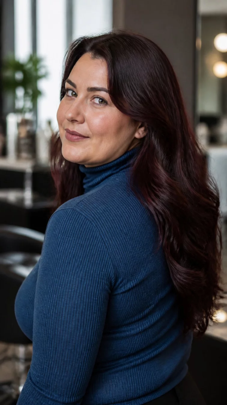 A back view photo of a 38-year-old Eastern European woman with a round face, dark brown, broad nose, thick natural eyebrows, and heart-shaped lips. Her face features slightly crooked smile, subtle acne marks, and subtle natural facial asymmetry. She has upturned gray eyes, high cheekbones, subtle smile, thoughtful. She is plus-size and is wearing a denim blue turtleneck sweater with dark chocolate cherry long hair, soft window light, hair salon