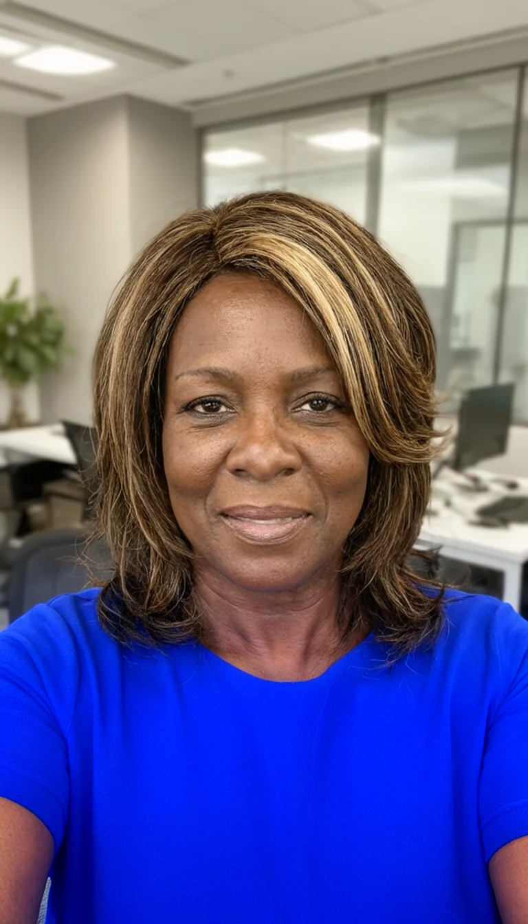 Subtle Highlights For The Professional selfie of a 46-year-old black woman wearing a royal blue top with medium brown layered hair and subtle blonde face-framing highlights hairstyle, front view, professional office setting background