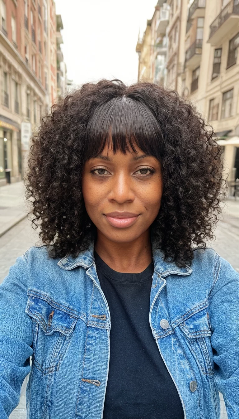 selfie of a 30-year-old black woman wearing a denim jacket and black t-shirt with a full head of dark curly hair and bangs hairstyle, front view, casual outdoor city background